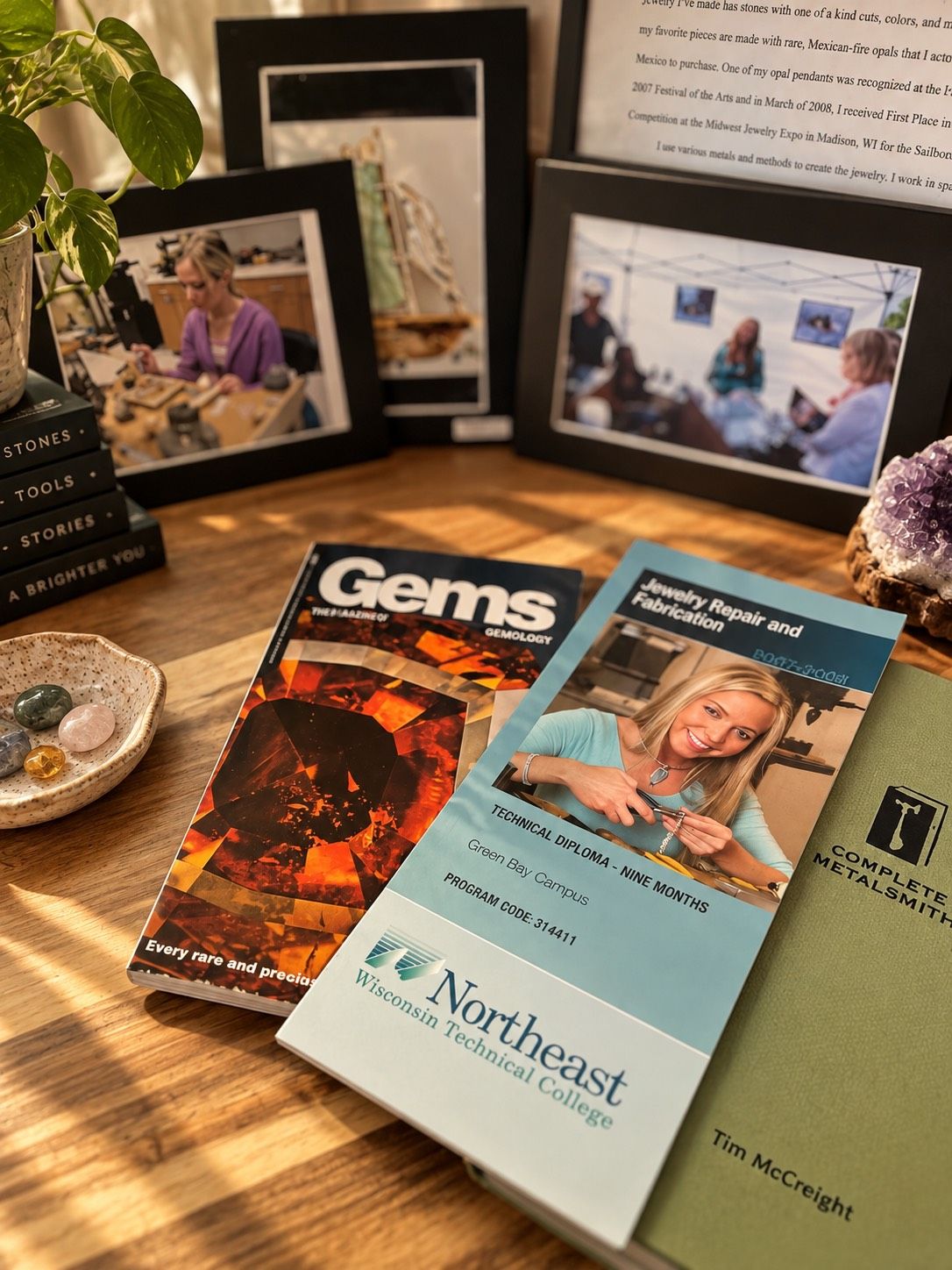 A page from Alex's jewelry and goldsmithing school brochure, showing a gems and jewelry book display