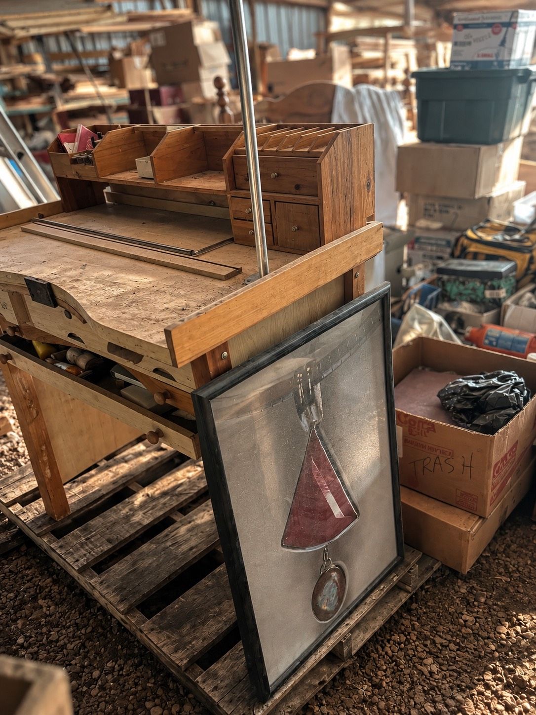 Alex's old jewelry bench sitting in storage in Wisconsin