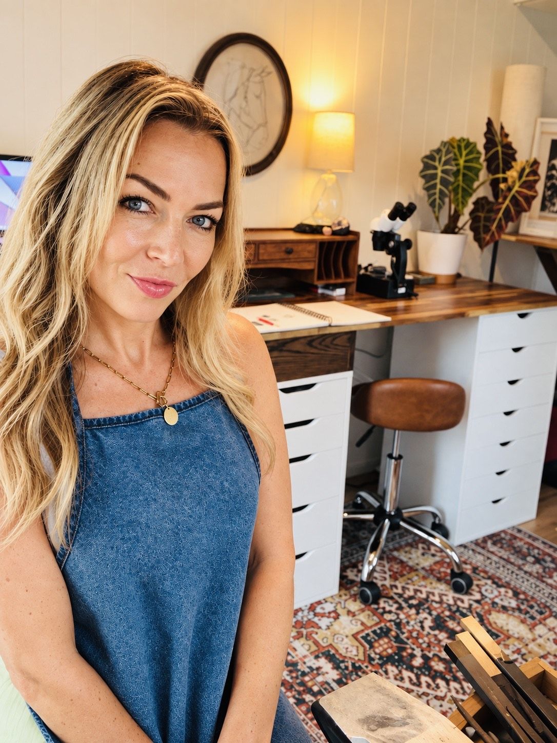 Portrait of Alex in her studio, wearing denim