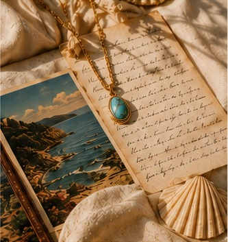 Turquoise pendant necklace resting on a handwritten letter beside a coastal postcard and a shell